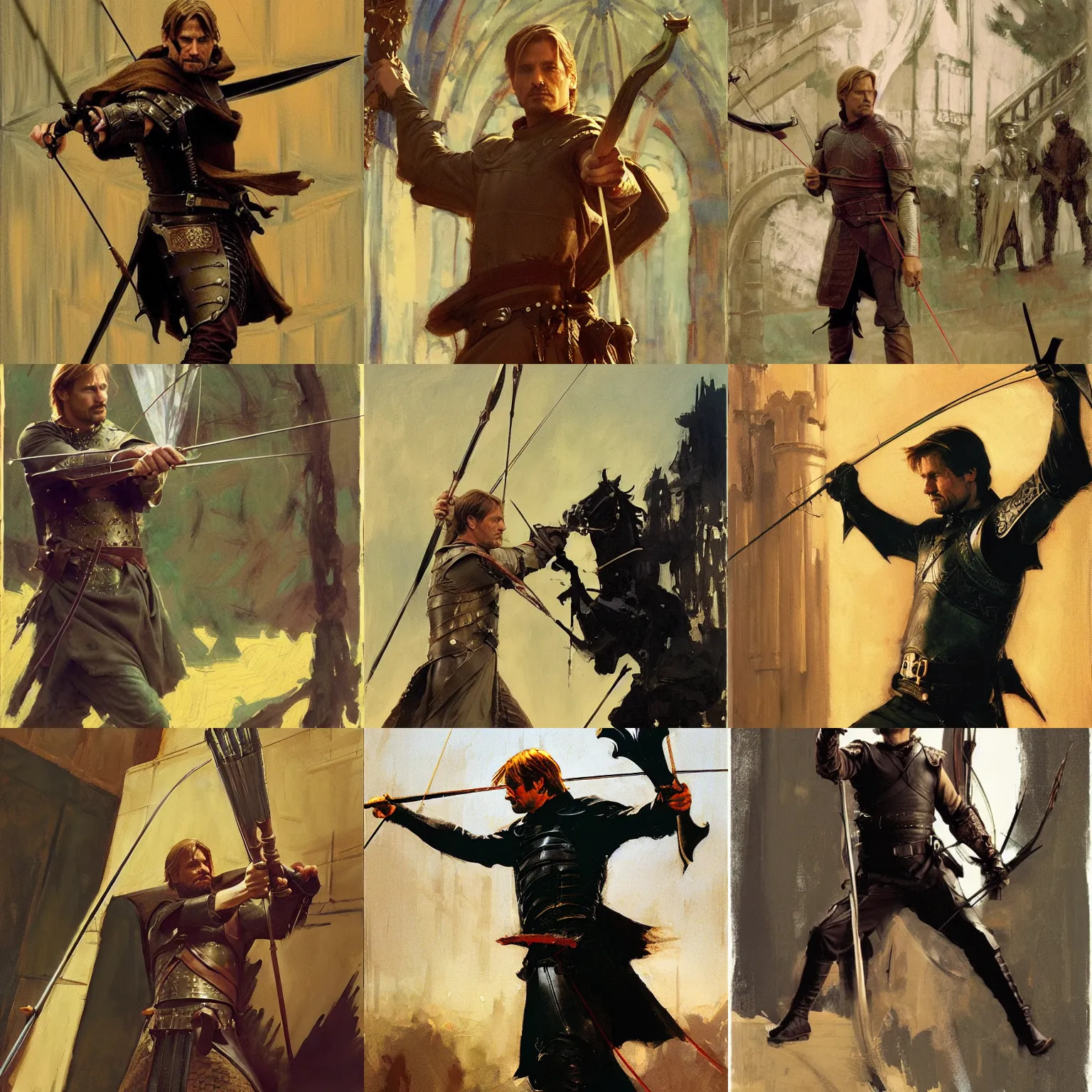 Prompt: jaime lannister as robin hood aiming a bow, intricate, elegant, highly detailed, greg manchess, mucha, liepke, ruan jia, jeffrey catherine jones