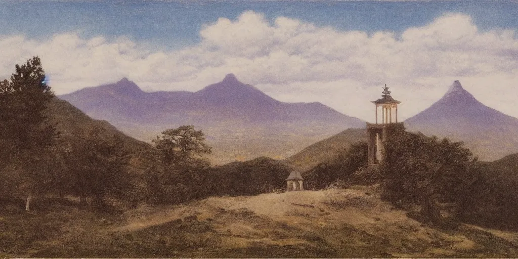 Image similar to observatory, temple, mountains by Fernand Khnopff