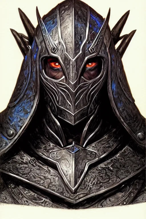 Prompt: head and shoulders portrait of an eldrich knight, drow, dark elf, shadar kai, breastplate, magical, male, high fantasy, d & d, by donato giancola, face details, extremely detailed, digital illustration