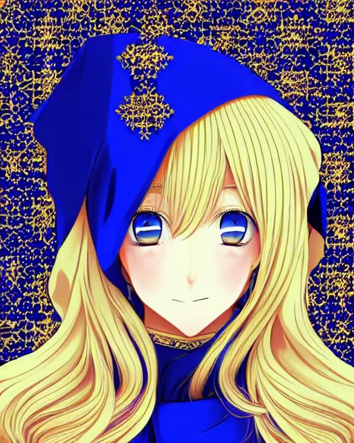 Image similar to a blonde woman wearing a blue veil and blue robes with ornate patterns | | very very anime!!!, fine - face, realistic shaded perfect face, fine details. anime. realistic shaded lighting poster
