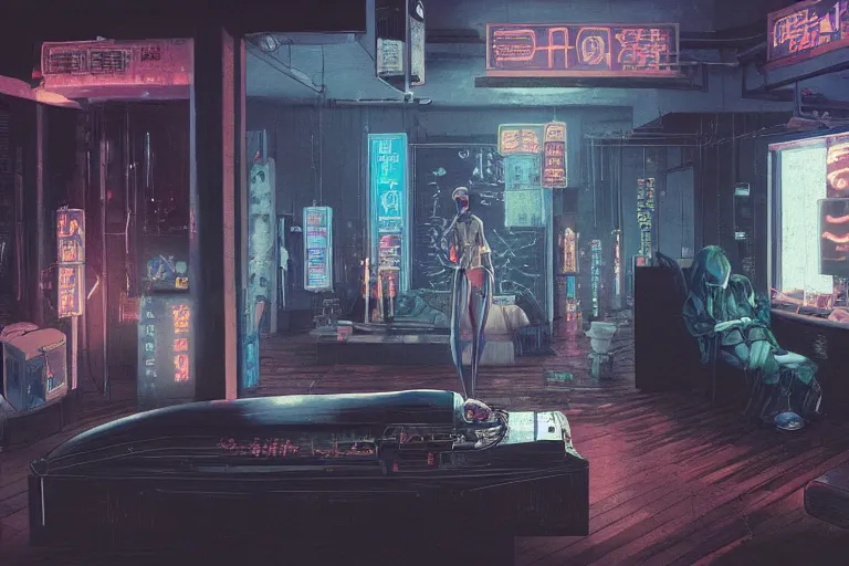 Prompt: Oil painting of cyberpunk funeral home interior, coffin laying in the middle, 4k, art by Hans Rudolf Geiger and Shirow Masamune, still from anime Serial Experiments Lain, sad atmosphere, moody neon lighting, lots of cigarette smoke