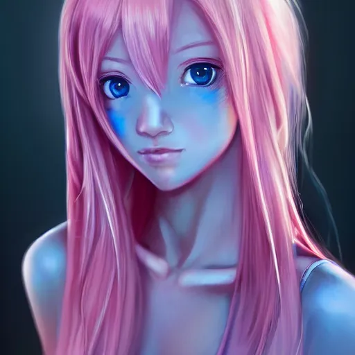 Prompt: detailed full body portrait of perfect pink haired girl, anime, silk negligee, beautiful, pretty face, blue cyborg eyes, innocent, scifi, 4 k, sun yunjoo, ultra realistic, aura of light, cinematic lighting, highly detailed, sharp focus, artstation, masterpiece, art by hyungjin yang