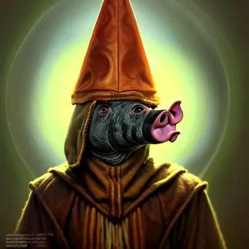 Image similar to rpg! profile!!! portrait of humanoid pig on white background, wizard hat, wizard cloak, surreal, vintage doll, intricate, highly detailed, digital painting, artstation, concept art, smooth, sharp focus, illustration, art by norman rockwell emiliano ponzi andrey remnev yoann lossel aaron jasinski, 8 k