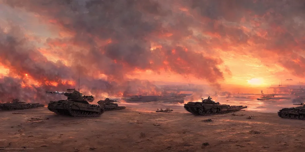 Image similar to the normandy landings, d - day, 1 9 4 5, sunset, chaos, smoke, fire, soldiers charging in, airplanes bombing the beach, destroyed tanks, highly detailed, wide shot, sadness, cinematic, ultra realistic, ray tracing, painting by jessica rossier and ivan shishkin