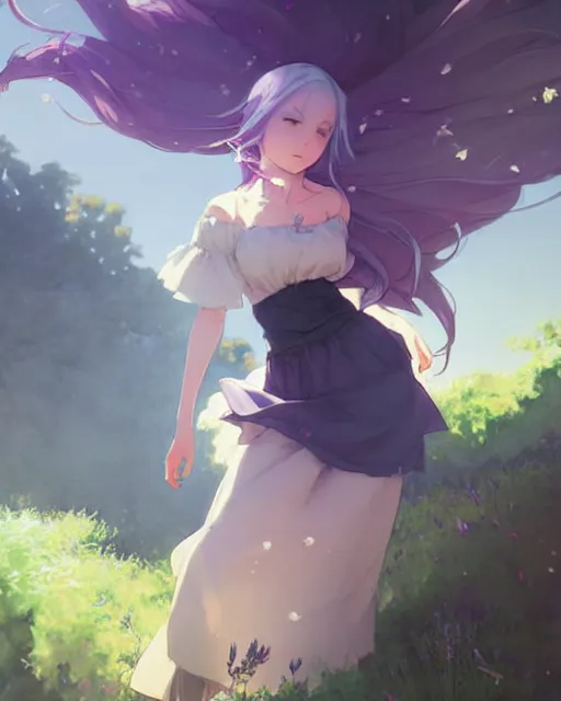 Image similar to a girl with lavender hair and black skirt, fairy tale style background, a beautiful half body illustration, top lighting, perfect shadow, soft painting, reduce saturation, leaning towards watercolor, art by hidari and krenz cushart and wenjun lin and akihiko yoshida