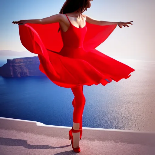 Image similar to beautiful modern dancer wearing a red and yellow and blue swirling dress, standing on a Santorini terrace looking down into the ocean, trending on artstation, cinematic, photorealistic