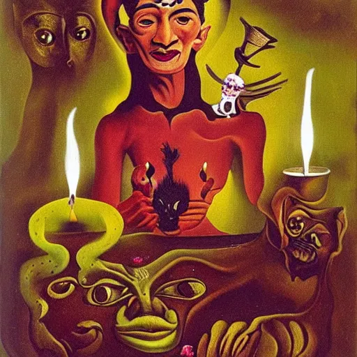 Prompt: witch doctor woman smiling in the flame of a candle, Salvador Dali, surrealism, frida kahlo, herbs, potions, cat, melting