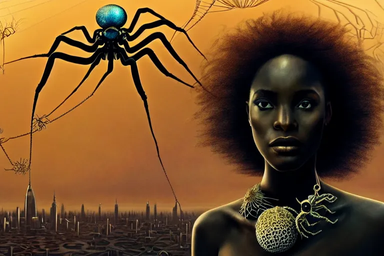 Prompt: realistic detailed closeup portrait movie shot of a beautiful black woman on a giant spider, dystopian city landscape background by denis villeneuve, amano, yves tanguy, alphonse mucha, max ernst, ernst haeckel, edward robert hughes, roger dean, cyber necklace, rich moody colours, sci fi patterns, wide angle
