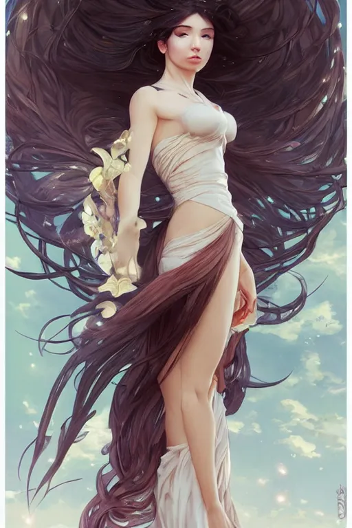 Image similar to full body windy hair zero gravity seductive meditation goddess in the style of artgerm, wlop, greg rutkowski, alphonse mucha and ayami kojima, realistic details, volumetric lighting, very very very very beautiful symmetrical face, trending on artstation, artstationhd, artstationhq, unreal engine, 4 k, 8 k