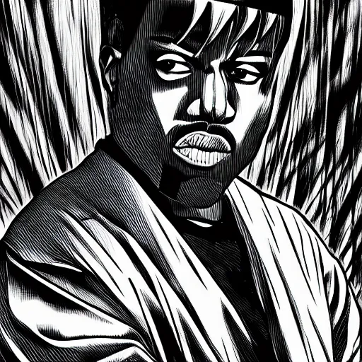 Prompt: manga panel of kanye west in the style of junji ito, 8 k, 4 k, masterpiece, trending on artstation
