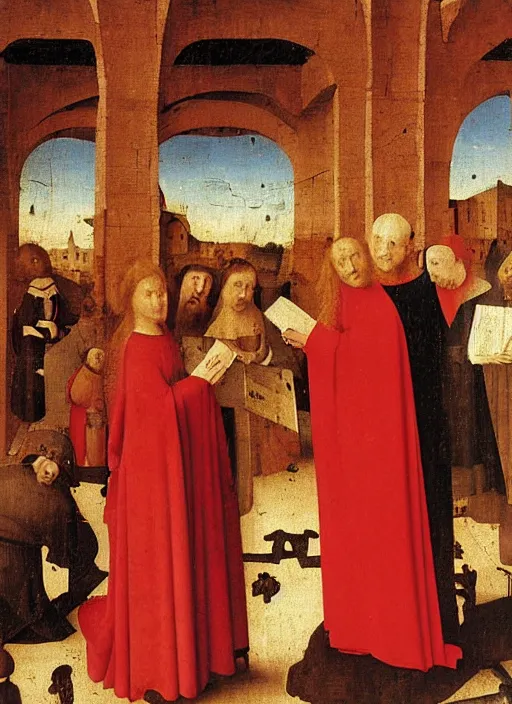 Image similar to fallen angels dressed in red reading the bible and arguing in Tuscany by Jan van Eyck, Hieronymus Bosch, 4k post-processing, highly detailed medieval painting