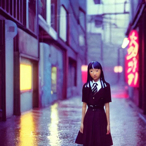 Prompt: 1990s perfect 8K HD professional cinematic photo of close-up japanese schoolgirl posing in dystopian alleyway with neon signs, at evening during rain, at instagram, Behance, Adobe Lightroom, with instagram filters, depth of field, taken with polaroid kodak portra