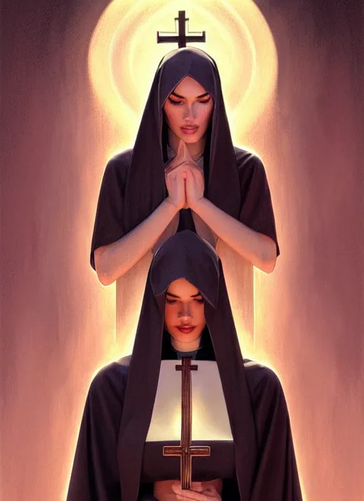 Image similar to portrait of megan fox as a sultry nun, bible, catholic, religion, cross, intricate, headshot, highly detailed, digital painting, artstation, concept art, sharp focus, cinematic lighting, illustration, art by artgerm and greg rutkowski, alphonse mucha, cgsociety