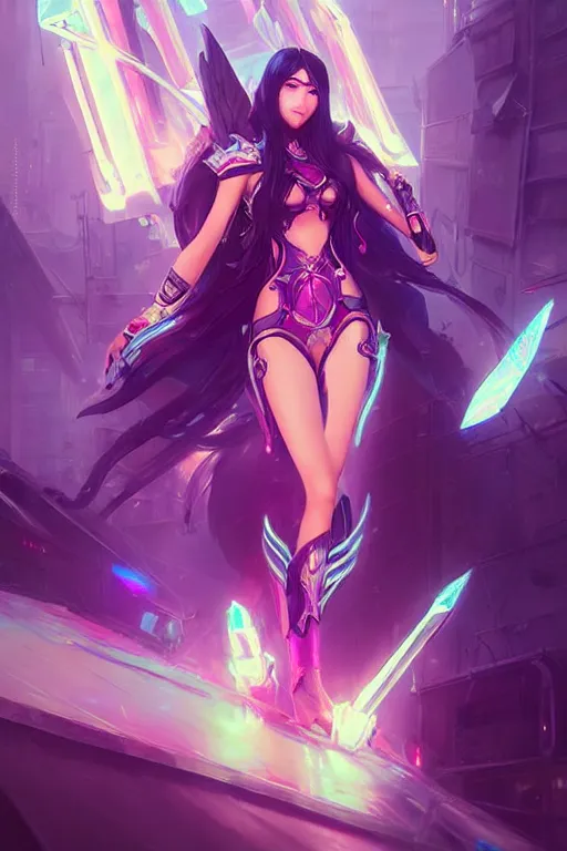 Image similar to irelia from league of legends, cyberpunk futuristic neon. flying blades in air, decorated with traditional japanese ornaments by ismail inceoglu dragan bibin hans thoma greg rutkowski alexandros pyromallis nekro rene maritte illustrated, perfect face, fine details, realistic shaded, fine - face, pretty face, masterpiece