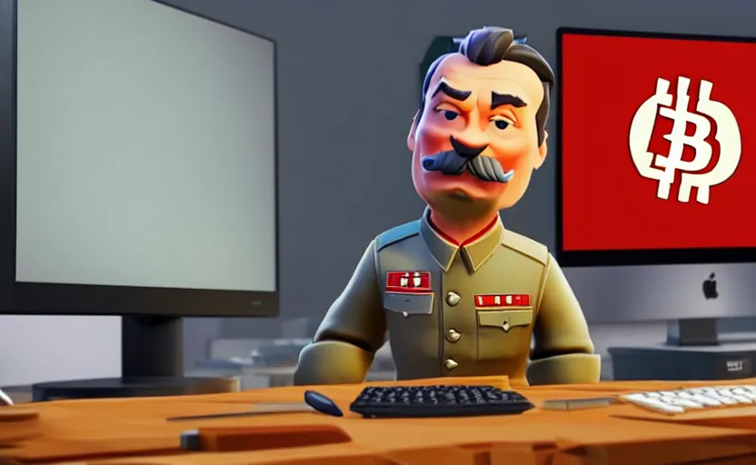 Prompt: very cute angry realistic josef stalin trading bitcoin in front of computer, disney pixar character concept artwork, 3 d concept, fortnite character, high detail iconic character for upcoming film, 8 k octane render