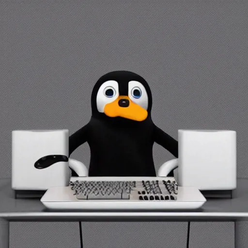 Image similar to pingu sitting behind a computer, 3 d render, painted by mark ryden, art, epic lighting