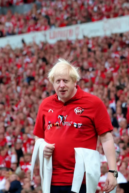 Prompt: boris johnson in the stadium wearing the red and white arsenal shirt, photographed, sunny day, portrait, photographic