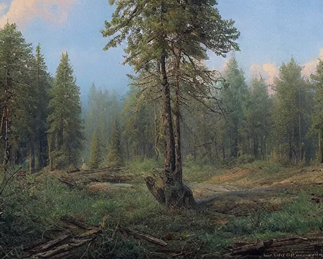 Prompt: beautiful matte painting of cute soviet block of flatshrushevka in end of forest by ivan shishkin