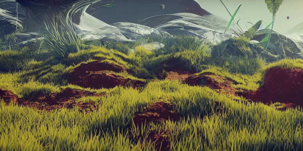 Image similar to abstract 3d landscape painting with vegetation by zaha hadid in no mans sky style, redshift, octane