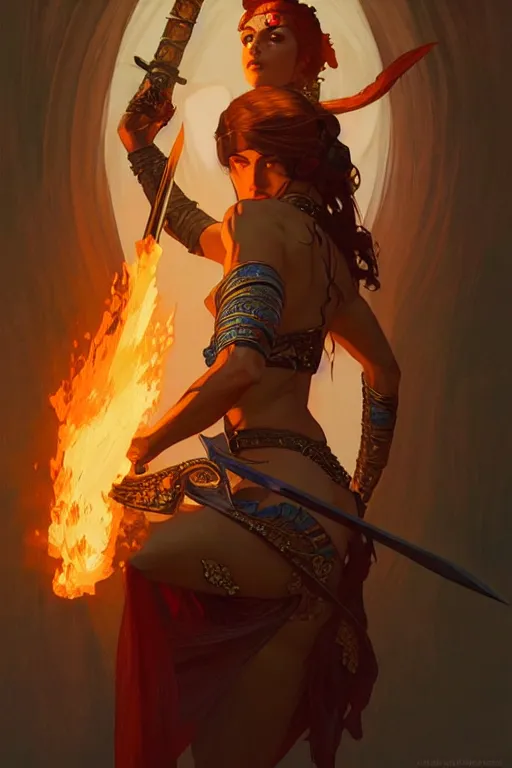 Prompt: a beautiful warrior woman with a fire sword, fantasy, sharp focus, intricate, elegant, digital painting, artstation, matte, highly detailed, concept art, illustration, ambient lighting, art by ilya kuvshinov, artgerm, Alphonse mucha, and Greg Rutkowski