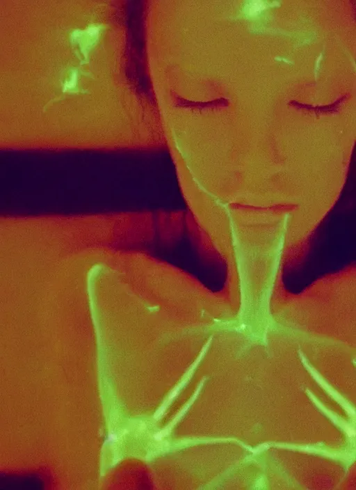 Prompt: a symmetrical female astral projection, liquid glowing aura, out of body experience, film grain, cinematic lighting, experimental film, shot on 1 6 mm