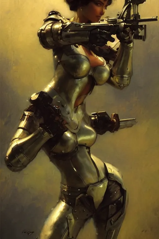 Image similar to futuristic women with medieval armor dynamic poses, holding a gun, detail, beautifull face, no blur, painting by gaston bussiere, craig mullins, greg rutkowski, yoji shinkawa, sorayama