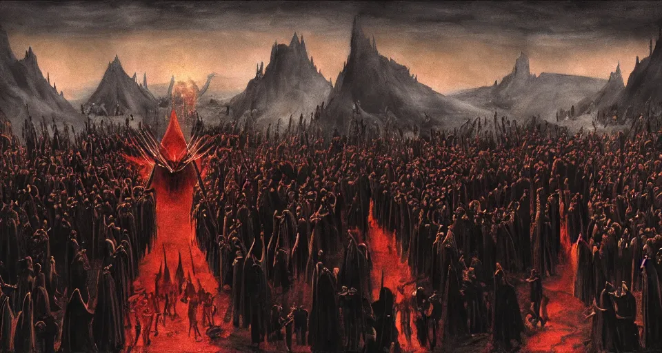 Image similar to dante's inferno painting, with people in black hooded tunic like in the film eyes wide shut of stanley kubrick, illuminati symbol, crows, skeletons, crosses, wings characters 8 k symmetrical, unreal engine, highly detailed, hd environment, maxon cinema 4 d, 8 k rendering, dark beauty, rotten gold, perfect faces