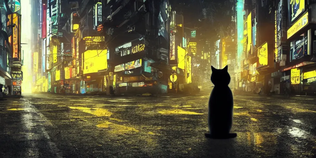 Image similar to a big black cat standing on the back paws and wearing yellow raincoat, cat is standing in the dark corner of a small badly lit street of a cyberpunk city