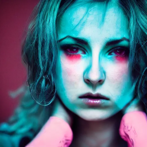 Image similar to a photo of a beautiful woman. moody and melanchonic. with a little bit of cyan and pink