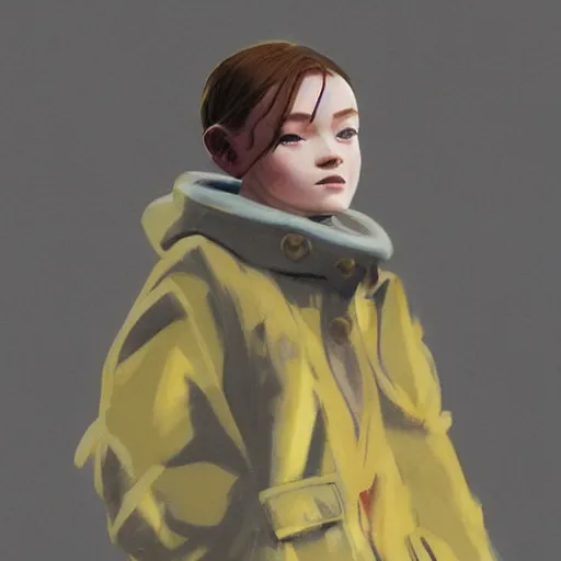 Image similar to a highly detailed epic cinematic concept art CG render digital painting artwork costume design: Sadie Sink, pixie shaved cut, side, in a used 1950s man's coat and hoodie. muted grey colors with tiny yellow accents. By Greg Rutkowski, Ilya Kuvshinov, WLOP, Stanley Artgerm Lau, Ruan Jia and Fenghua Zhong, trending on ArtStation, made in Maya, Blender and Photoshop, octane render, excellent composition, cinematic atmosphere, dynamic dramatic cinematic lighting, aesthetic, very inspirational, arthouse