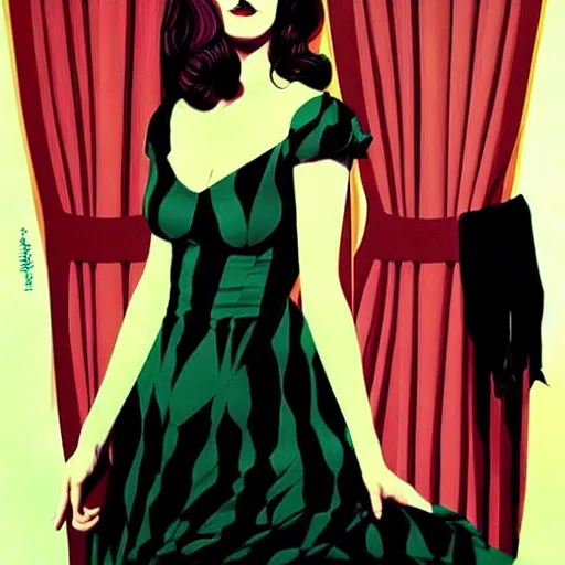 Prompt: comic art by joshua middleton, actress, eva green as laura palmer in the tv show, twin peaks, striped curtains, dark shadows, ominous tones