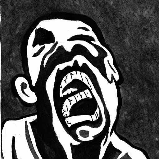 Image similar to portrait of crazy person screaming black ink on paper