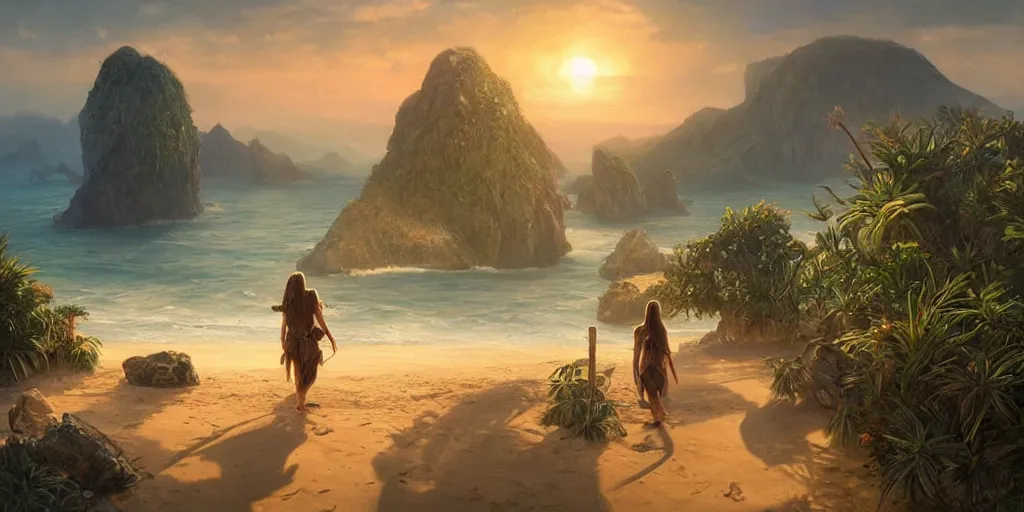 Image similar to beautiful hyper realistic island scenery at sunset, sand, tropical plants, albumcover, beautiful painting by greg rutkowski, ross tran, wlop, set in lord of the rings, starcraft, atmosphere, ethereal, magic, amazing, positive vibes