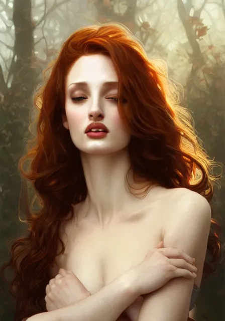 Image similar to sansa angeline jolie gessica chastain vampire teeth, intricate, elegant, highly detailed, digital painting, artstation, concept art, smooth, sharp focus, illustration, art by artgerm and greg rutkowski and alphonse mucha and william - adolphe bouguereau