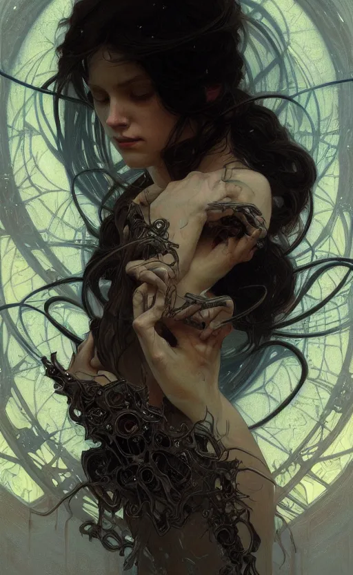 Image similar to a portrait of death, cobwebs, space, concept art, deep focus, intricate, highly detailed, digital painting, artstation, matte, sharp focus, illustration, art by greg rutkowski and alphonse mucha