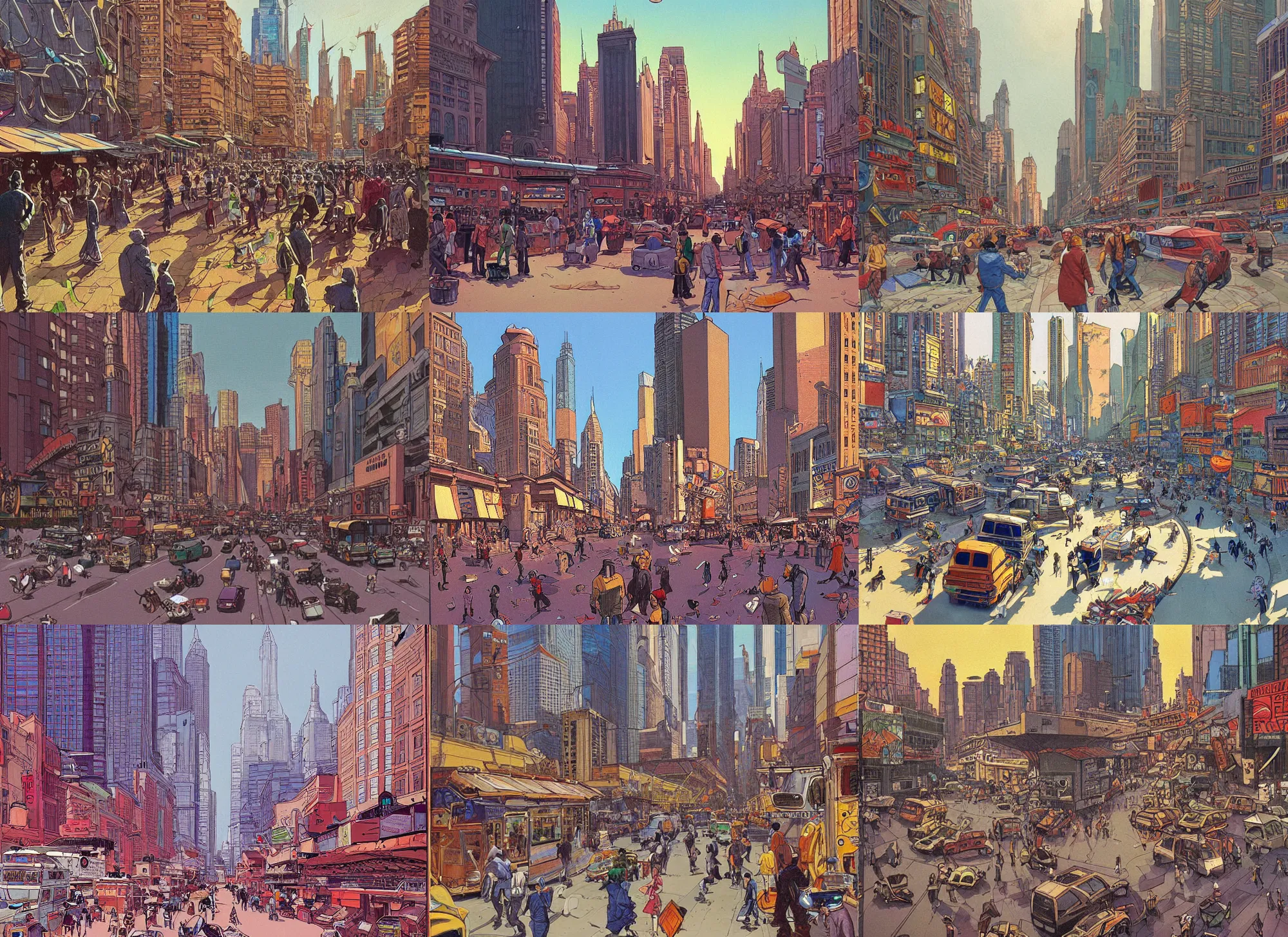 Image similar to a painting of a chaotic morning in the bustling city, in the iconic style of moebius