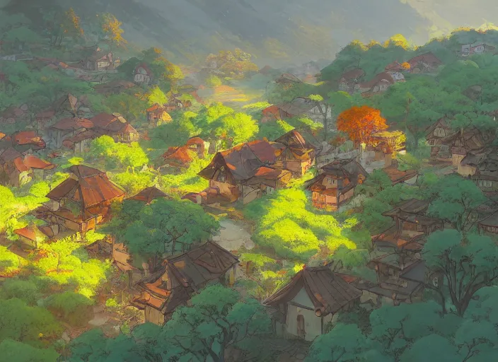 Image similar to concept art painting of a small woodland village in a valley seen from above, european japanese buildings, early morning, cel shaded, detailed, realistic, by makoto shinkai and moebius and anton fadeev and james gurney