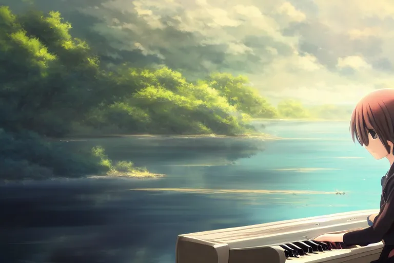 Prompt: Anime girl playing piano on blue water, far away, landscape, scenery, green eyes, Cushart Krenz, Shinkai Makoto, by Lluluchwan, lots of details, highly detailed, 4k, full piano