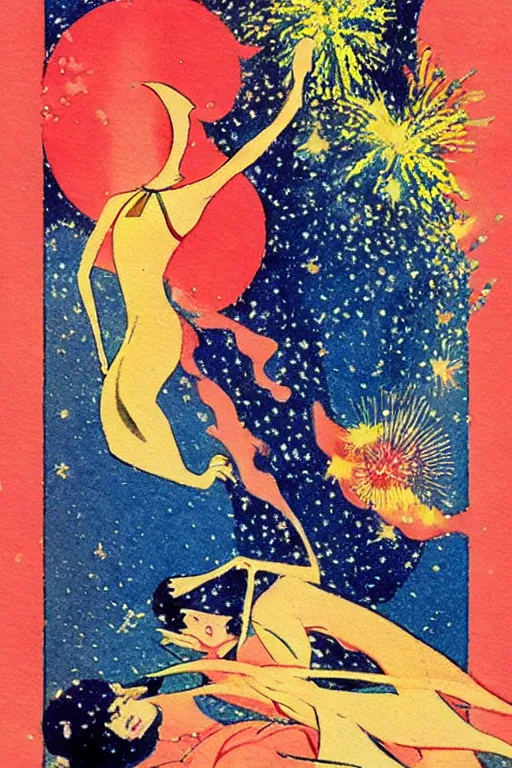 Prompt: a surrealist exaggerated illustration of two figures dancing in a sea of fireworks by Seiichi Hayashi, 1920s art deco, by Telemaco Signorini, vintage postcard, a vintage anime 70s comic book watercolor by Dean Ellis and by Syd Mead