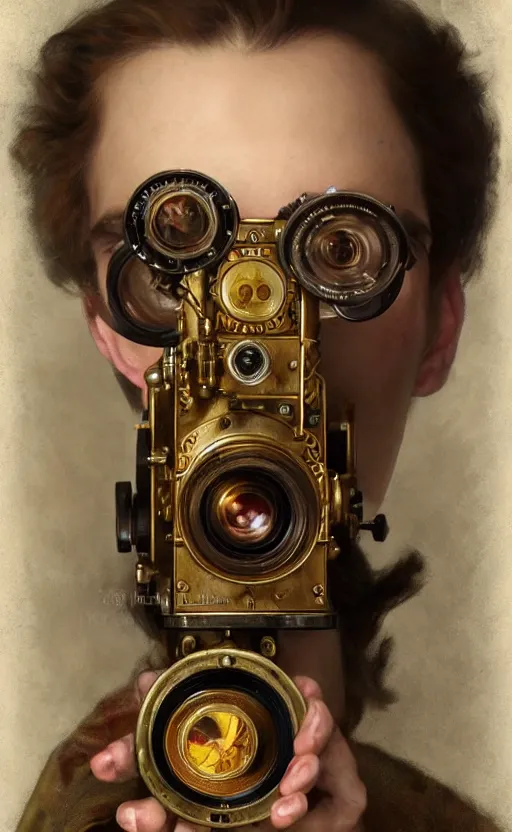 Image similar to hyper realistic male photographer looking through a vintage steampunk medium format camera, design on white background, beautiful details, lush foliage cyberpunk, gold, drawn by john singer sargent, tom bagshaw, norman rockwell, alphonso mucha, lolish, trending on artstation