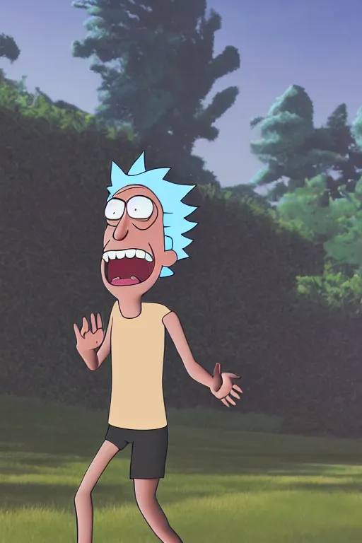 Prompt: hiper-realistic Rick Sanchez from Rick and Morty, running outside, 8k