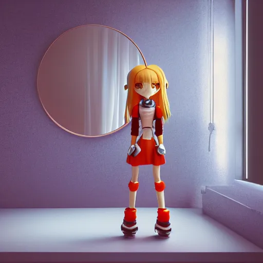 Prompt: cute fumo plush of a plastic shining robot girl in the mirror looking at reflection, not the same person, anime, vray, asymmetry