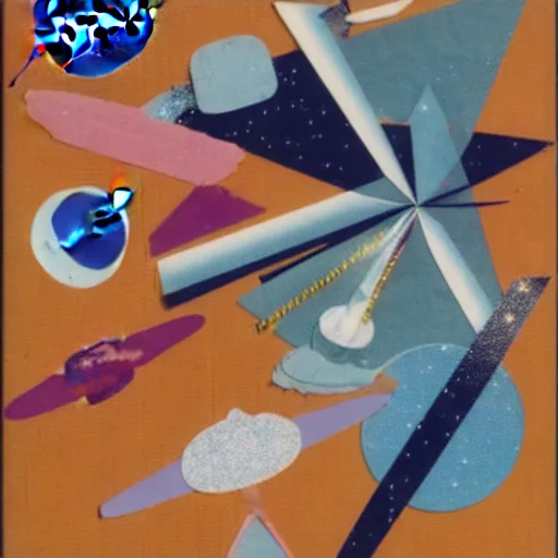 Image similar to A mid-century modern collage of NASA Space Travel. Materials: random shapes cut from magazines, torn construction paper, glitter. 1955