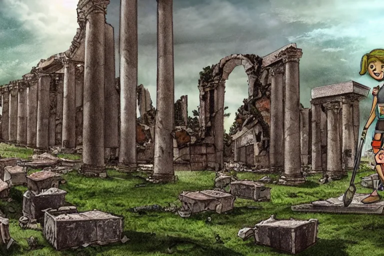 Image similar to an adventure diary sketch discovering the ruins of a giant city that once existed on earth