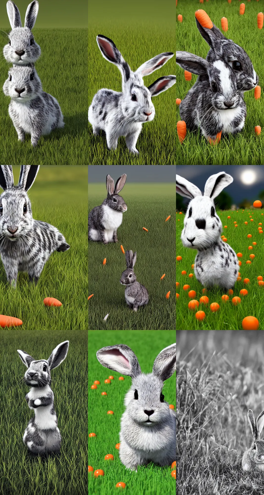 Prompt: black and white spotted bunny with floppy ears in a grassy field surrounded by carrots, happy, ultrarealistic, incredibly detailed, 8k, octane render