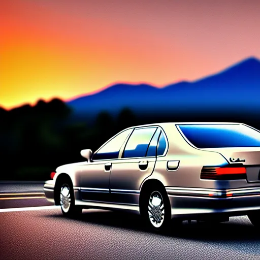 Image similar to a car Lexus LS400 VIP in middle of road, gunma prefecture, city sunset night, cinematic color, photorealistic, highly detailed