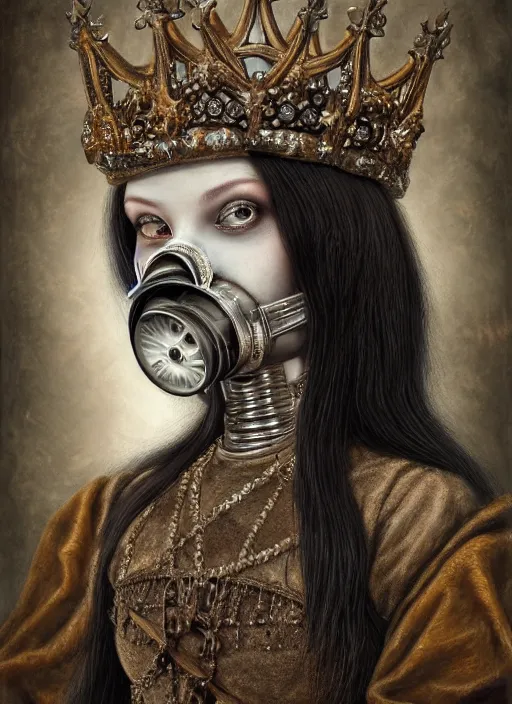 Image similar to highly detailed closeup portrait of a goth medieval princess wearing a crown and a gas mask sitting on a throne, nicoletta ceccoli, mark ryden, lostfish, global illumination, god rays, detailed and intricate environment