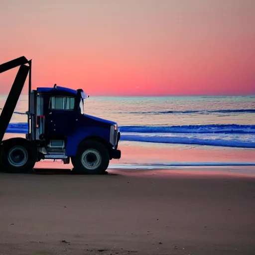 Image similar to a dump truck chilling on the beach, sunset