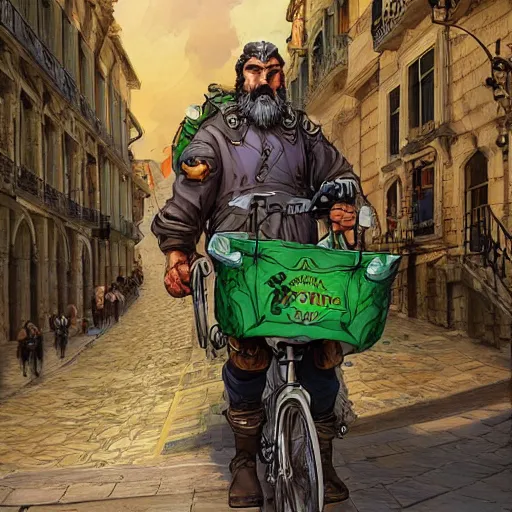 Prompt: a bearded and long haired bicycle food delivery worker with a green bag on his back in rossio lisbon, he has boots, hearthstone art style, epic fantasy style art by kim jung gi, fantasy epic digital art