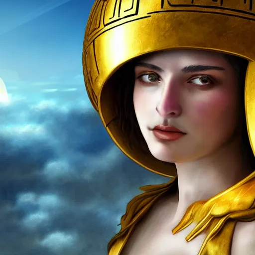 Image similar to young ancient greek woman in golden helmet, a floating pantheon palace in the sky, clouds background, island floating in the sky, epic fantasy style art, fantasy epic digital art